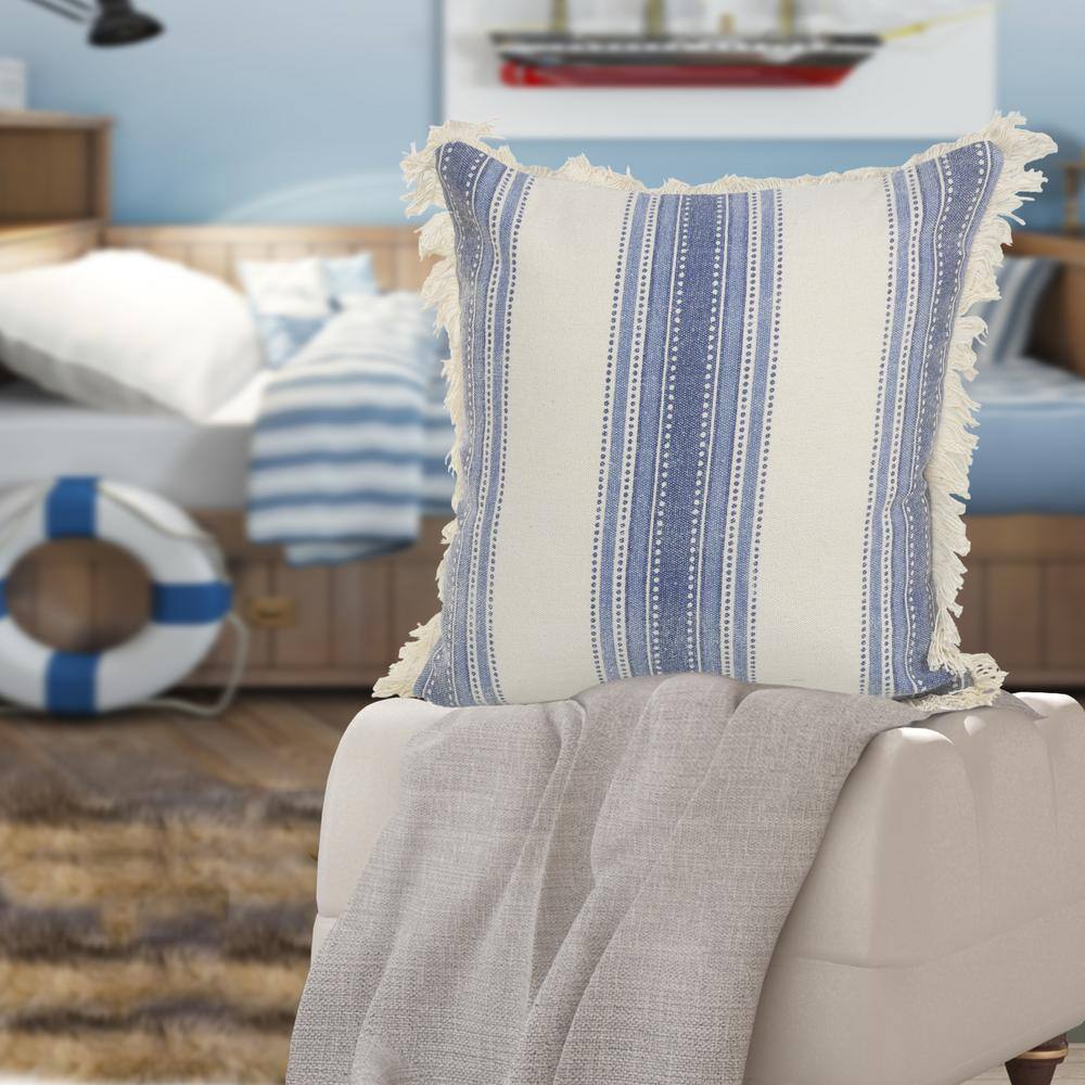 Navy and Ivory Striped Cotton Throw Pillow Set with Fringe