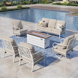 White 6-Piece Metal Outdoor Patio Conversation Seating Set with Swivel Chair, 50000 BTU Fire Pit Table and Beige Cushion