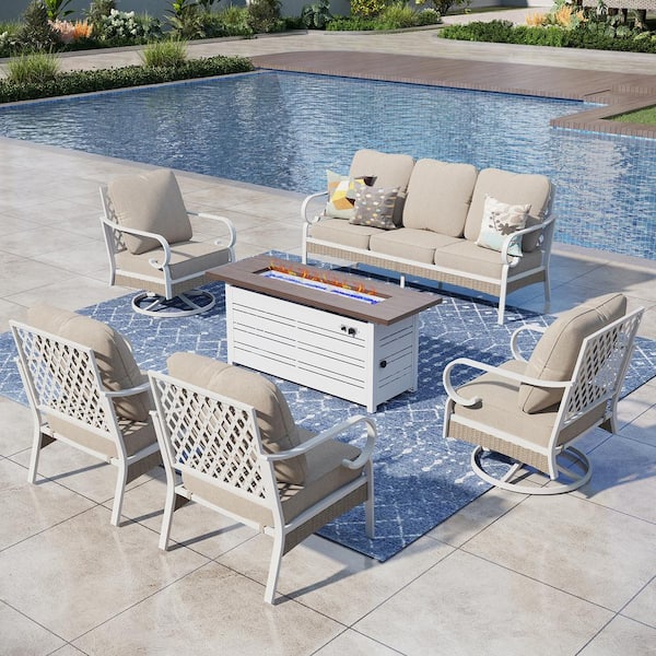 PHI VILLA White 6-Piece Metal Outdoor Patio Conversation Seating Set with Swivel Chair, 50000 BTU Fire Pit Table and Beige Cushion