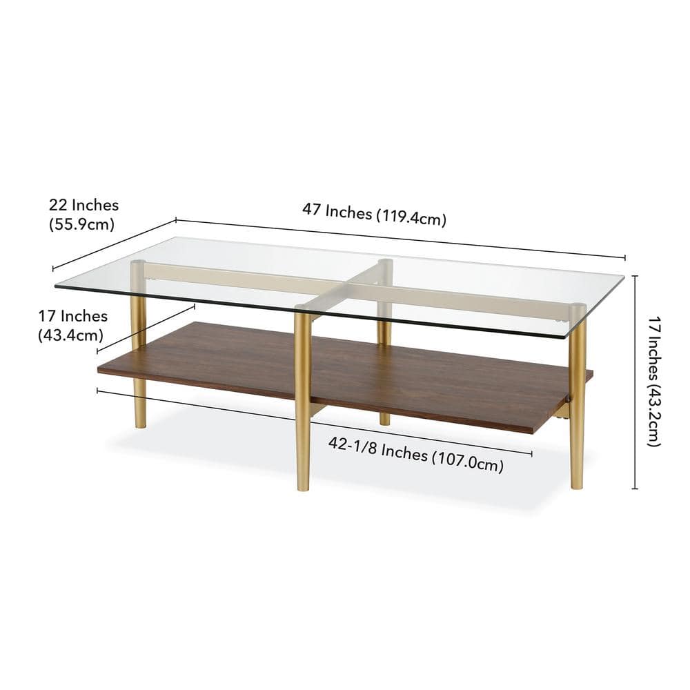 47'' Gold and Walnut Rectangular Glass Coffee Table