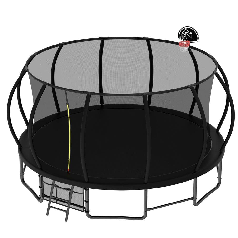 16FT Black Steel Trampoline with Safety Net and Basketball Hoop