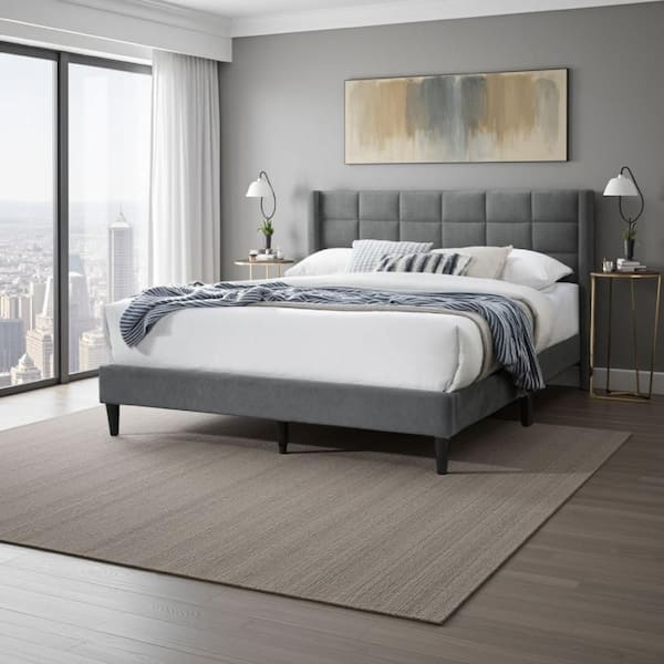 Meno Gray and Black Wood Frame Queen Size Panel Bed with Square Stitched