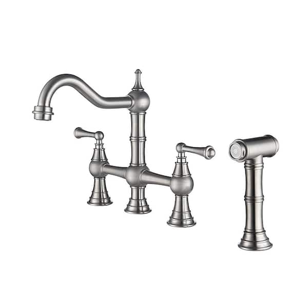 LORDEAR Double Handle Bridge Kitchen Faucet in Brushed Nickel with Pull-Out Side Spray