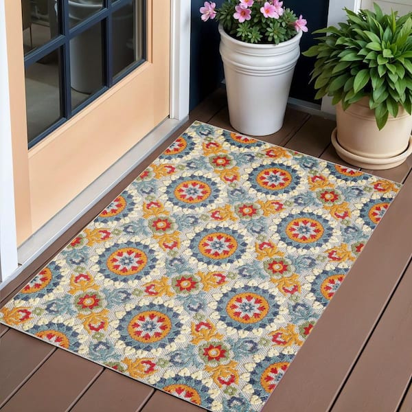 HomeRoots Orange, Ivory 2 X 4 ft. Woven Polypropylene Rectangle Indoor/Outdoor Area Rug
