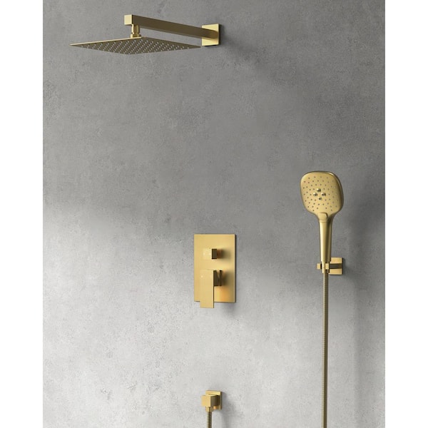 Pressure Balance 2-Spray Wall Mount 10 in. Fixed and Handheld Shower Head 2.5 GPM in Brushed Gold with Basin Faucet