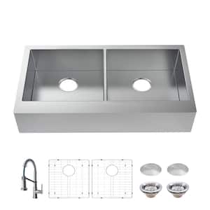 Professional Zero Radius 36 in. Apron-Front Double Bowl 16 Gauge Stainless Steel Workstation Kitchen Sink with Faucet