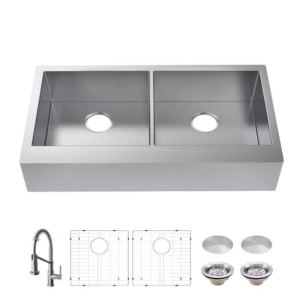 Professional 36 in. Farmhouse/Apron-Front Double Bowl 16 Gauge Stainless Steel Kitchen Sink with Spring Neck Faucet
