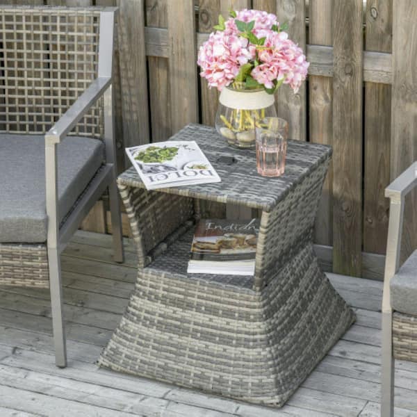 Misopily Mixed Grey Rattan Metal Outdoor Wicker Side Table with Umbrella Hole 2 Tier Storage Shelf for All Weather PH03728B067 The Home Depot