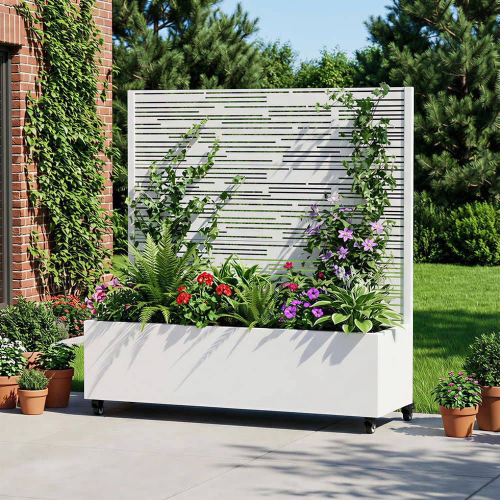 SpassWay White Galvanized Steel Planter Box with Trellis and