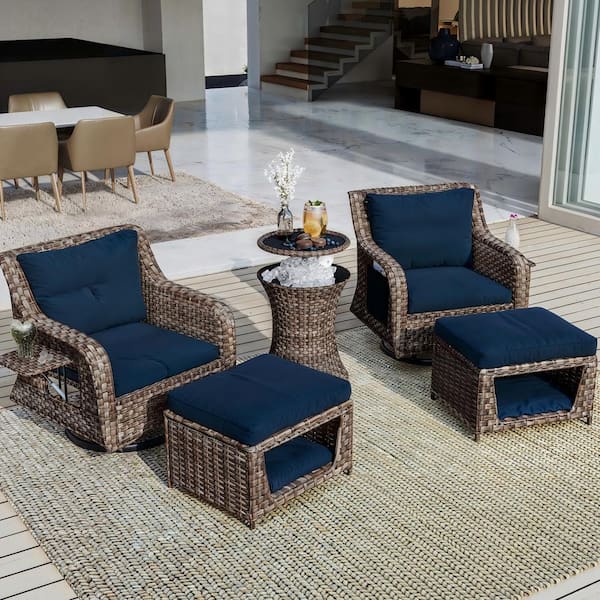 Sungrd 5 Piece Wicker Patio Conversation Set with Machine Washable Blue Cushion, Pet House, Cool Bar and Retractable Side Tray