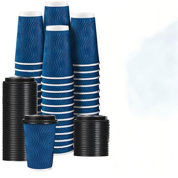 16 oz. Disposable Coffee Cups with Lids, Hot Paper Insulated Corrugated Ripple Wall Cup for Drinks, Blue (50-Pack)