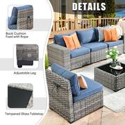 Crater Grey 9-Piece Wicker Patio Fire Pit Conversation Sofa Set with a Swivel Rocking Chair and Denim Blue Cushions