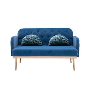 Modern 55 in. Light Blue Upholstered Tufted Velvet 2-Seat Loveseat with 2 Pillows