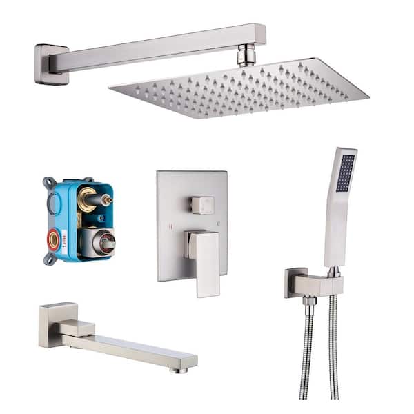 10 in. Shower Head Single-Handle 2.5 GPM 1-Spray Square High Pressure Shower Faucet with Spout in Brushed Nickel