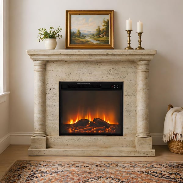 44.5 in. Freestanding Magnesium Oxide Electric Fireplace in Sahara Travertine