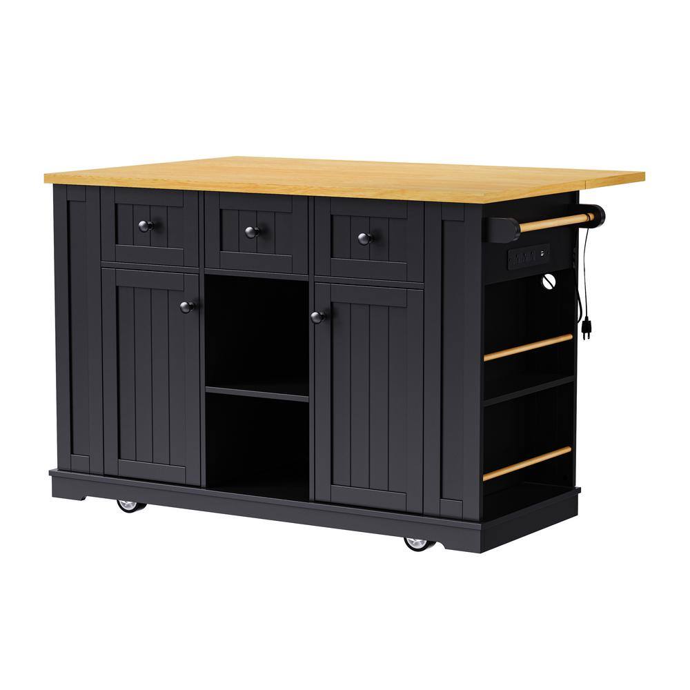 Black Wood 53 in. Kitchen Island on 5 Wheels with Drop Leaf and 3