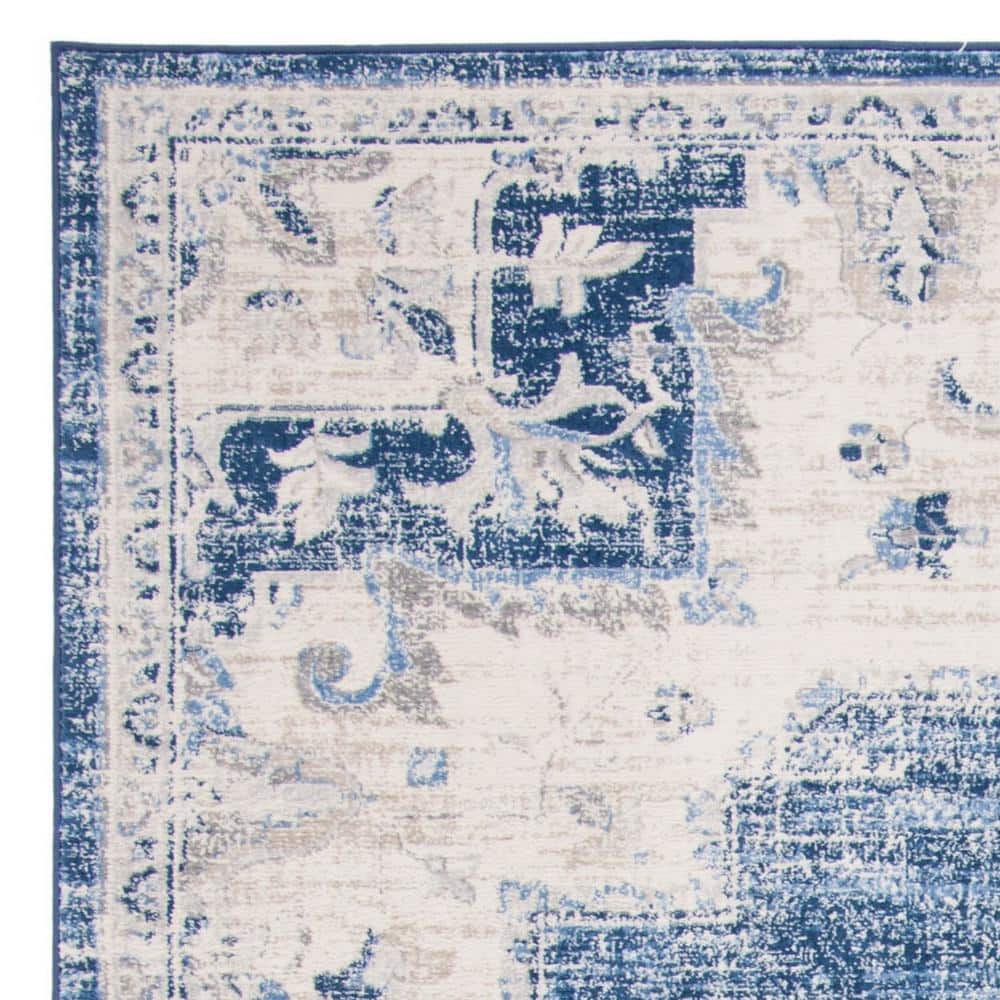 Ivory and Navy Synthetic Hand-Knotted Square Area Rug