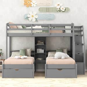 Gray Twin Over Twin and Twin Bunk Bed, Triple Bunk Bed with Drawers, Staircase with Storage, Built-in Shelves