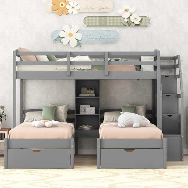 Gray Twin Over Twin and Twin Bunk Bed, Triple Bunk Bed with Drawers, Staircase with Storage, Built-in Shelves
