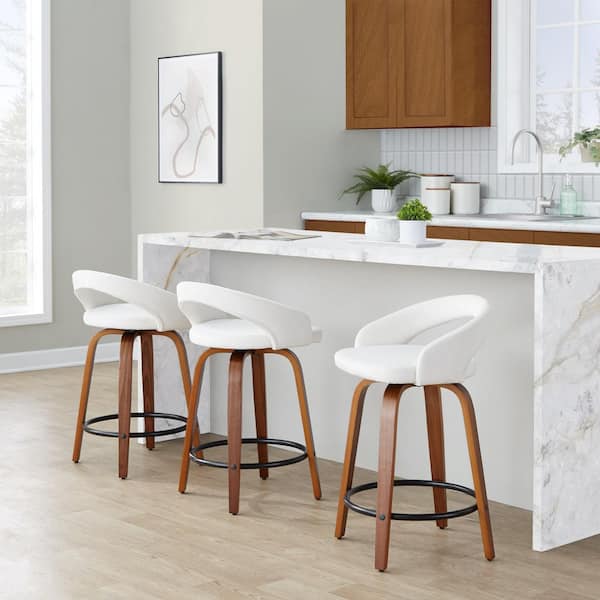 Grotto Upholstered 24 in. Walnut Wood and White Velvet Fixed-Height Counter Stool (Set of 2)