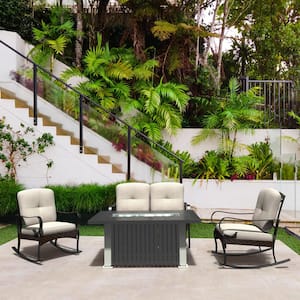 King Black 4-Piece Aluminum Patio Fire Pit Conversation Sofa Set with Beige Cushions