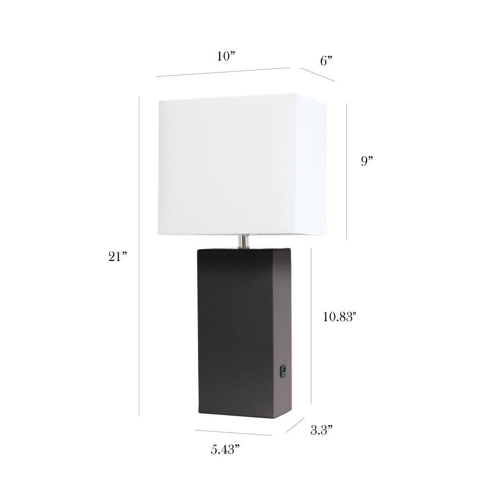 Modern Brown Leather Table Lamp with USB and White Fabric Shade