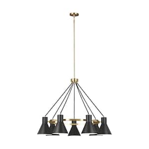 Towner 7-Light Satin Brass Mid-Century Modern Hanging Chandelier with Black Shades and LED Bulbs