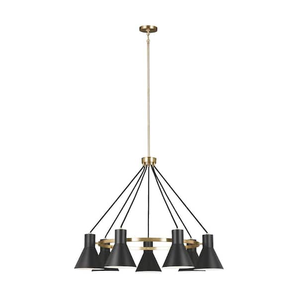 Generation Lighting Towner 7-Light Satin Brass Mid-Century Modern Hanging Chandelier with Black Shades