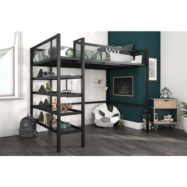 Tessa Black Metal Twin Storage Loft Bed with Bookcase