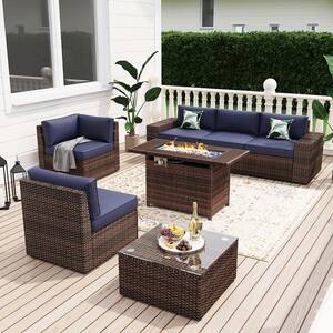 7-Piece Outdoor Rattan Wicker Set Covers Sectional Set with Fire Pit Table, Blue cushions