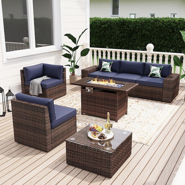 SUNMTHINK 7-Piece Outdoor Rattan Wicker Set Covers Sectional Set with Fire Pit Table, Blue cushions