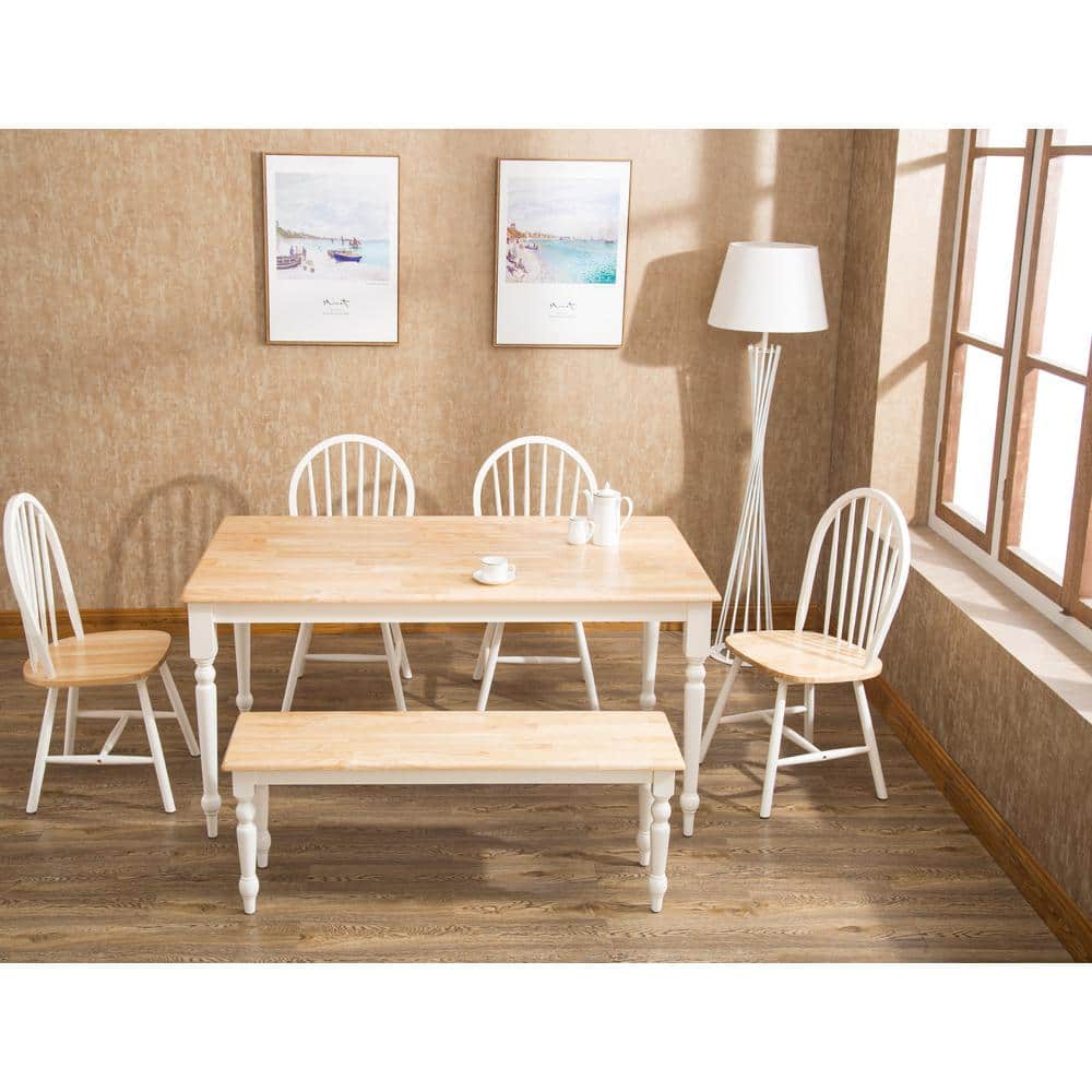 White and Natural Rubberwood Farmhouse Dining Table