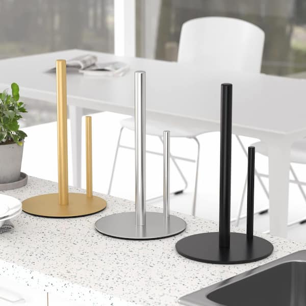 Free Standing Black Stainless Steel Paper Towel Holder, Countertop Roll Organizer with Weighted Base, in Silver