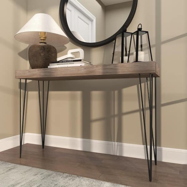 Litton Lane 47 in. Brown Extra Large Rectangle Wood Console Table with Black Metal Hairpin Legs