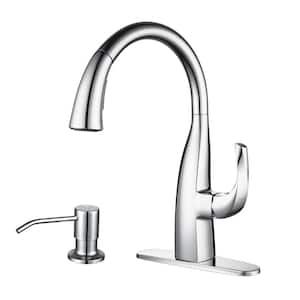 Single Handle Gooseneck Pull Down Sprayer Kitchen Faucet Stainless Steel with Soap Dispenser in Chrome