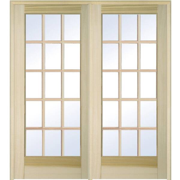 MMI Door 60 in. x 80 in. Right Hand Active Unfinished Poplar Glass 15-Lite Clear True Divided Prehung Interior French Door