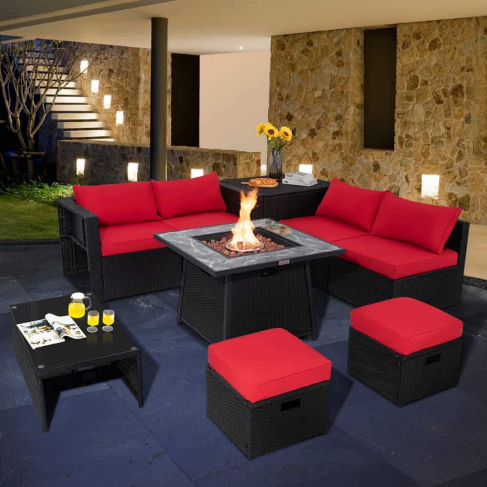 9-Piece Wicker Patio Conversation Sectional Seating Set with Red Cushions price history on PriceWatchPro