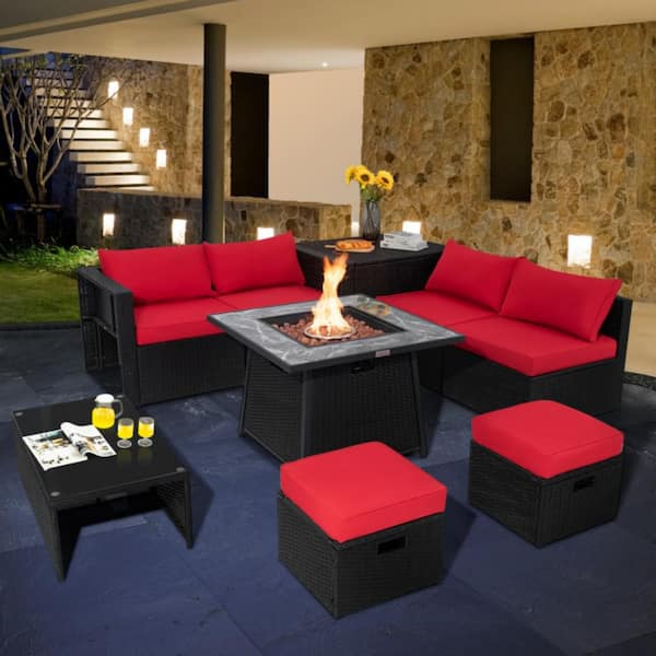 9-Piece Wicker Patio Conversation Sectional Seating Set with Red Cushions