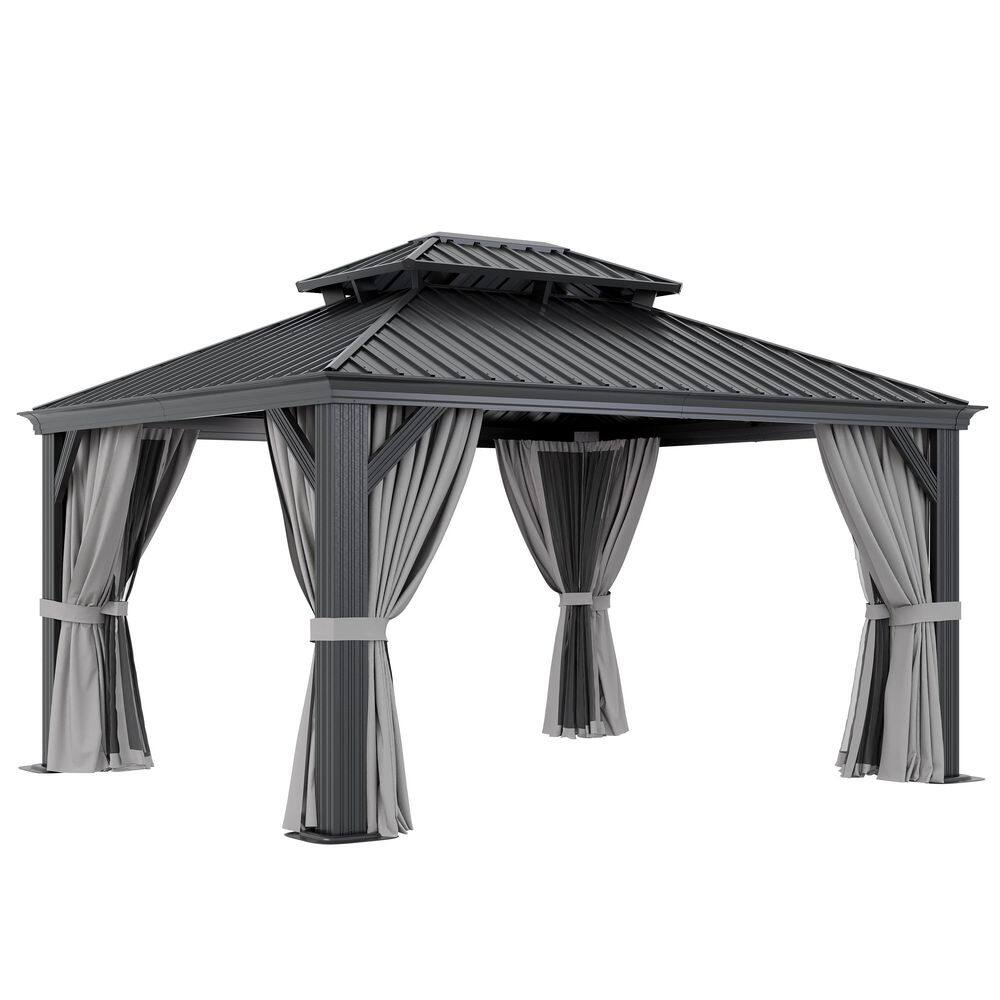 14 ft. x 12 ft. Outdoor Double Roof Hardtop Gazebo with Gutters, Aluminum Frame, Ceiling Hook, Netting and Curtains price history on PriceWatchPro