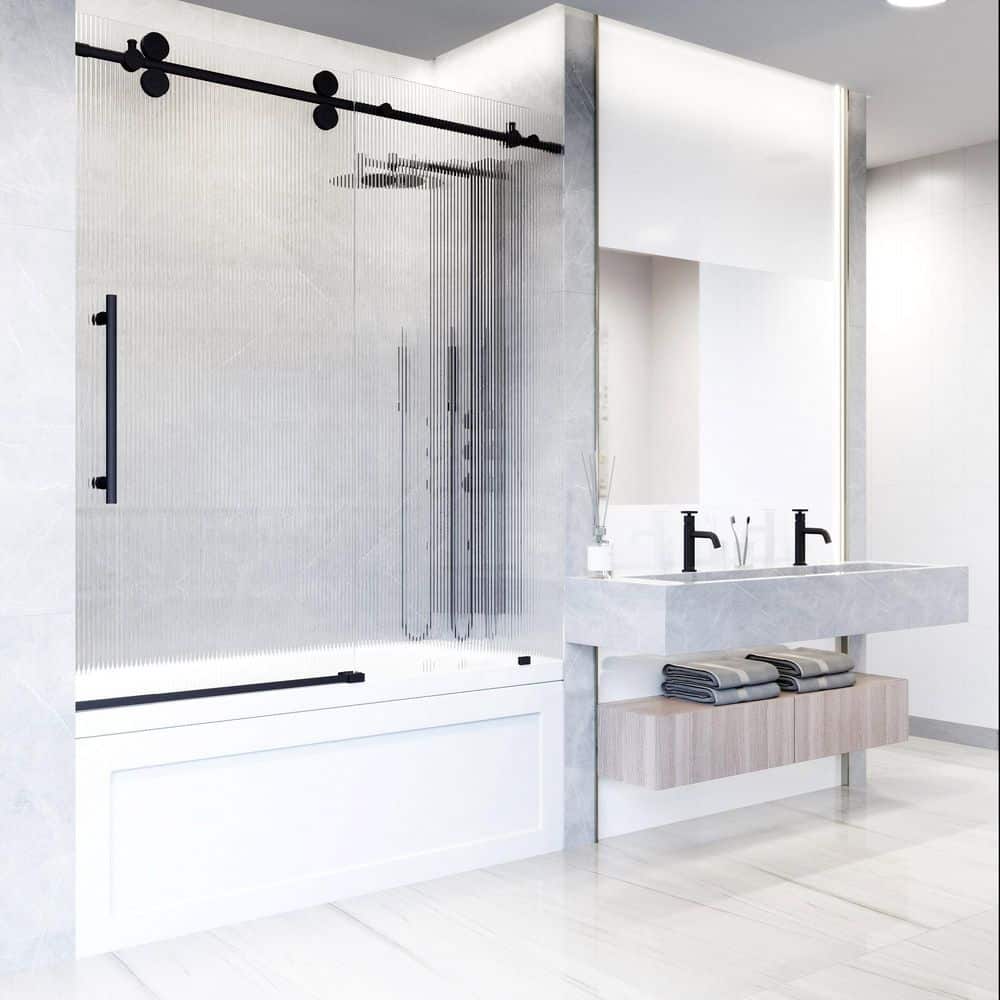 Elan 60" Matte Black Frameless Sliding Tub Door with Fluted Glass