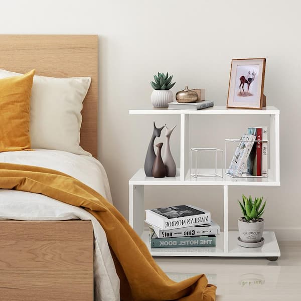 2-Tier 8 in. Wide 24 in. H White Bookshelf S Shaped Bookcase Storage Rack Display Shelf with Thick Foot Mats