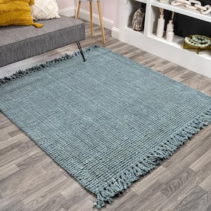 Light Blue/Gray 5 ft. Square Pata Hand Woven Chunky Jute with Fringe Area Rug