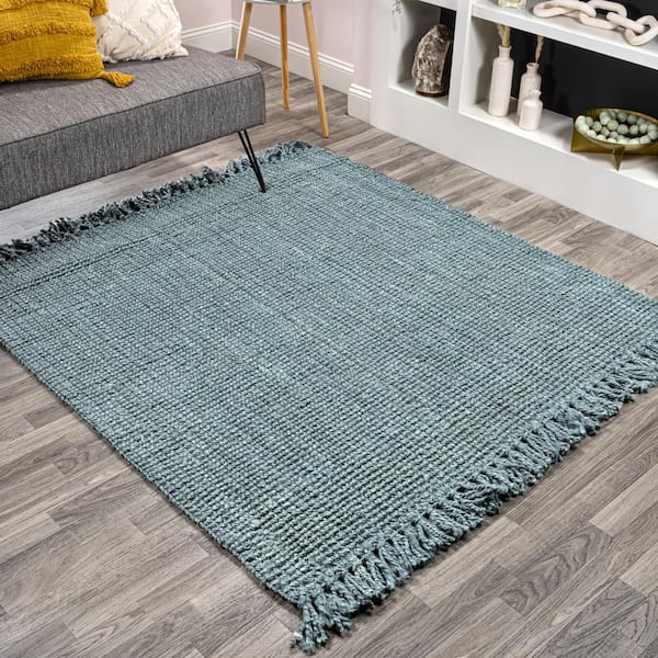 Light Blue/Gray 8 ft. Square Pata Hand Woven Chunky Jute with Fringe Area Rug