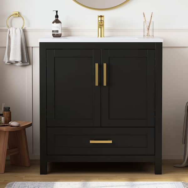 Raven 31 in.W Single Sink Black Freestanding Bath Vanity with White Engineered Solid Surface Top Unassembled