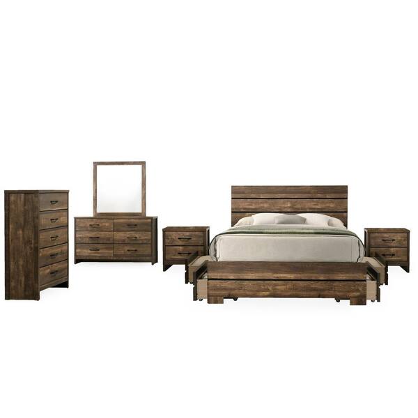 Furniture of America Olala 6-Piece Light Walnut Solid Wood Queen Bedroom Set