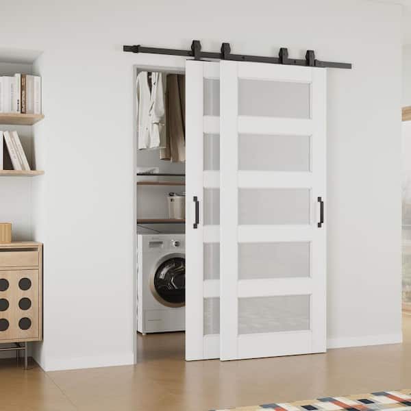 64 in. x 80 in. (Double 36 in.) 5-Lite Frosted Glass White Primed MDF Sliding Barn Door with Hardware Kit Bypass