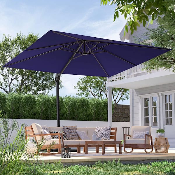 10 x 8 ft. Metal Rectangle Cantilever Patio Umbrella Solution-Dyed Fabric and 360° Rotation System in Navy Blue