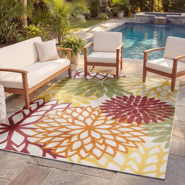 Aloha Red Multi Colored 5 ft. x 8 ft. Floral Contemporary Indoor/Outdoor Patio Area Rug