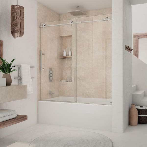 Continuum 59 in. W x 62 in. H Sliding Tub Door in Brushed Stainless Steel with Clear Glass