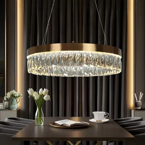 Glam 1-Light Brass Drum Chandelier, Integrated LED Contemporary Pendant Lights with Crystal Accent for Living Room